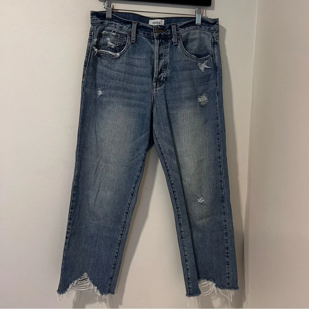 Pistola Women’s Jeans light Wash Distressed Raw Hem Cropped Straight Leg
